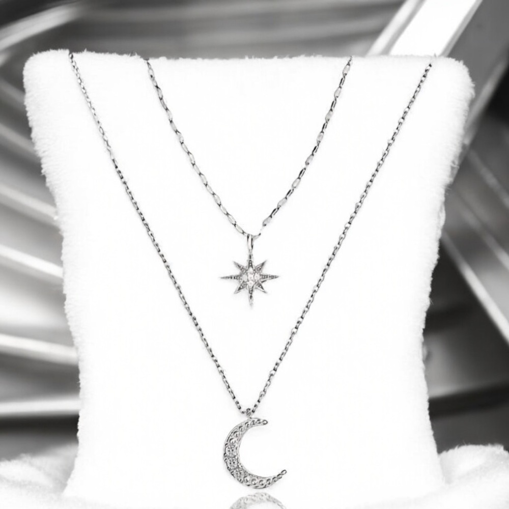 CZ Moon and Star Silver Plated layered necklace. New.